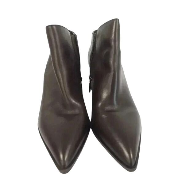 Karl Lagerfeld Brown Leather Boots 7M Pointed Toe Block Heel Ankle - Picture 1 of 4
